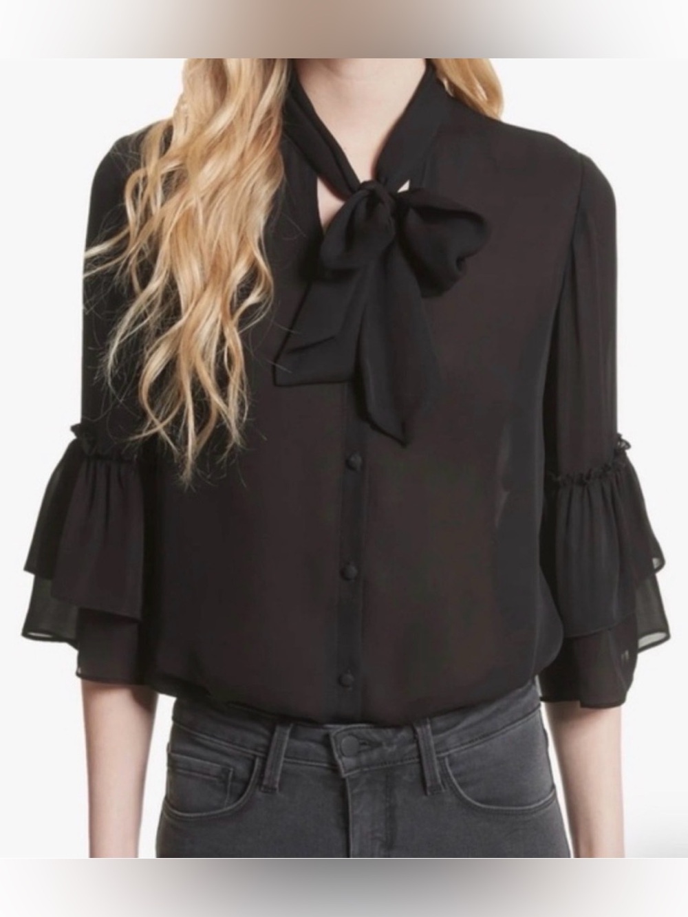 L’AGENCE Desa Black Silk Ruffle Sleeve Bow Tie Blouse Top S 4818GG